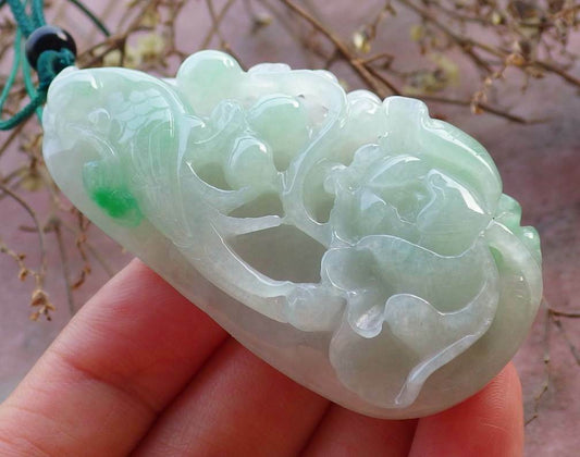 Certified Hand Carved Green Natural Myanmar Burma A Jade jadeite Phoenix Rose Flower Pendant Necklace
