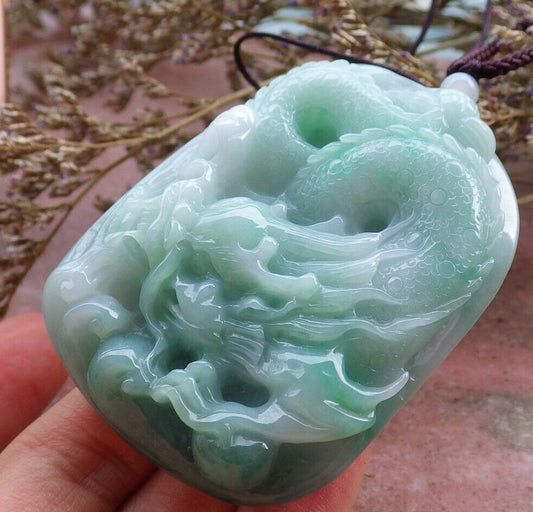 Certified Hand Carved Green Natural Myanmar Burma A Jade jadeite Pendant Dragon Lotus Flower Pendant Necklace