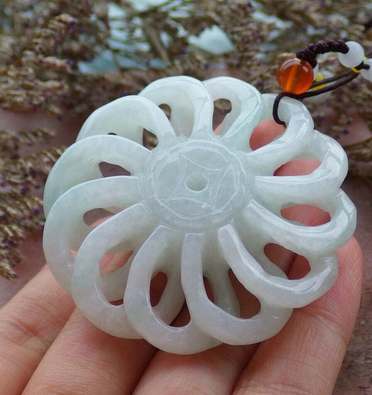 Certified Hand Carved Green Natural Myanmar Burma A Jade jadeite Coin Knotte Flower Circle Pendant Necklace