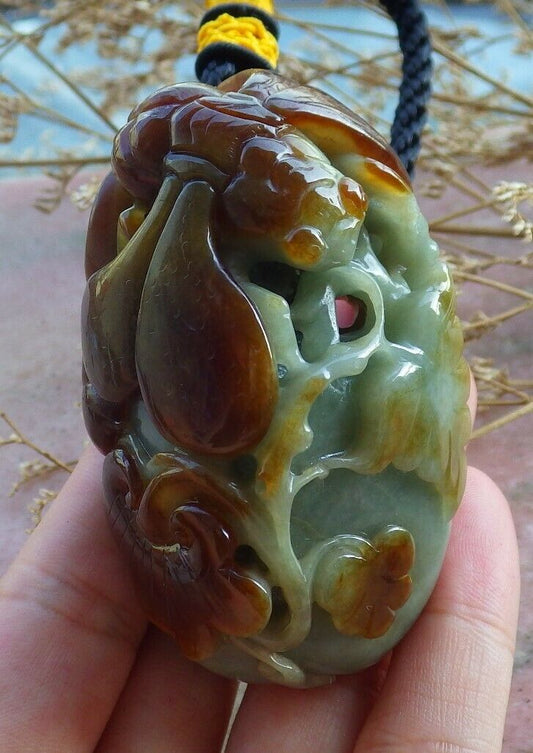 Big Certified Hand Carved Red 100% Natural Myanmar Burma Grade A Jade Jadeite Hand Player Bee Lotus Flower Pendant Necklace