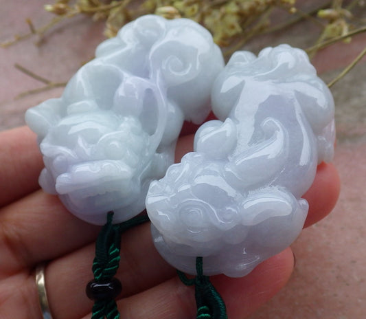 1 Pair Certified Hand Carved Lavender Green Natural Myanmar Burma A Jade jadeite Dragon Pi Xiu Pendant Necklace