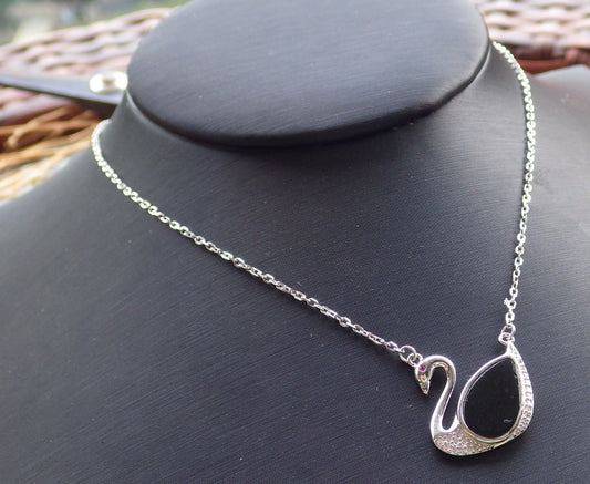 Silver 925 Certified 100% Natural Myanmar Burma A Jade Jadeite Black Dark Green Swan Pendant Necklace