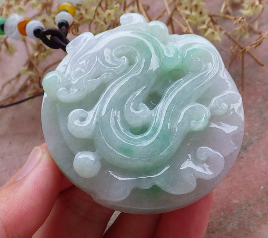 Certified Hand Carved Green Natural Myanmar Burma A Jade jadeite Circle Dragon Bead Beads Pendant Necklace