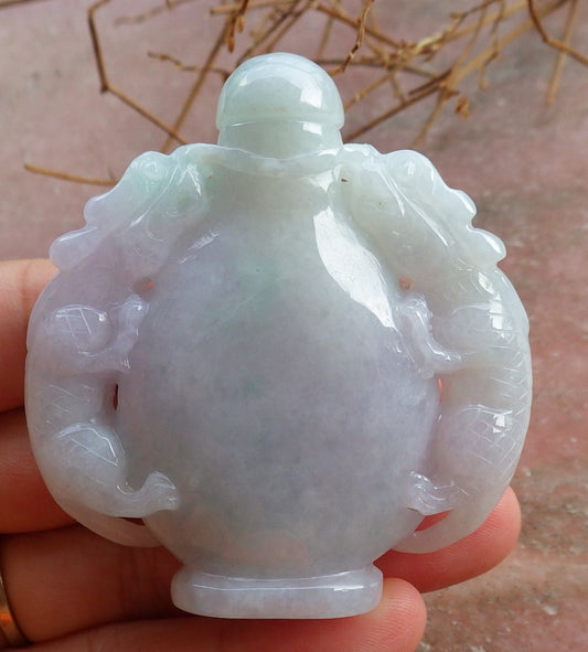 Certified Hand Carved Lavender Natural Myanmar Burma A Jade jadeite Dragon Snuff Bottle Display