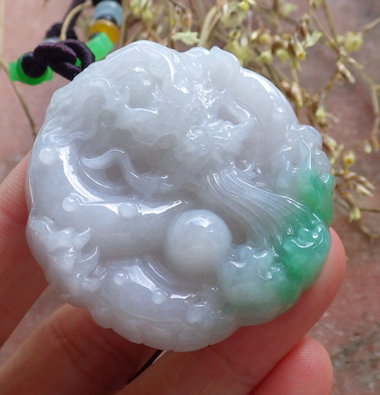 Certified Hand Carved Green Natural Burma A Jade jadeite Circle Dragon Bead Beads Pendant Necklace