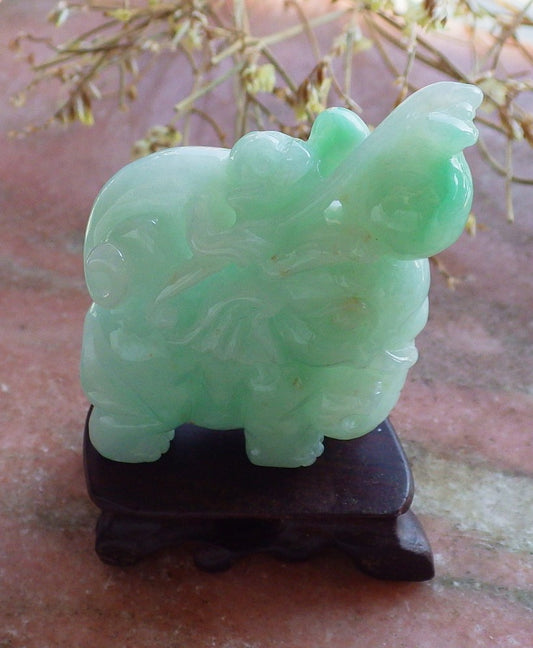 Certified Hand Carved Green Natural Myanmar Burma A Jade jadeite Elephant Monkey Display with wood stand