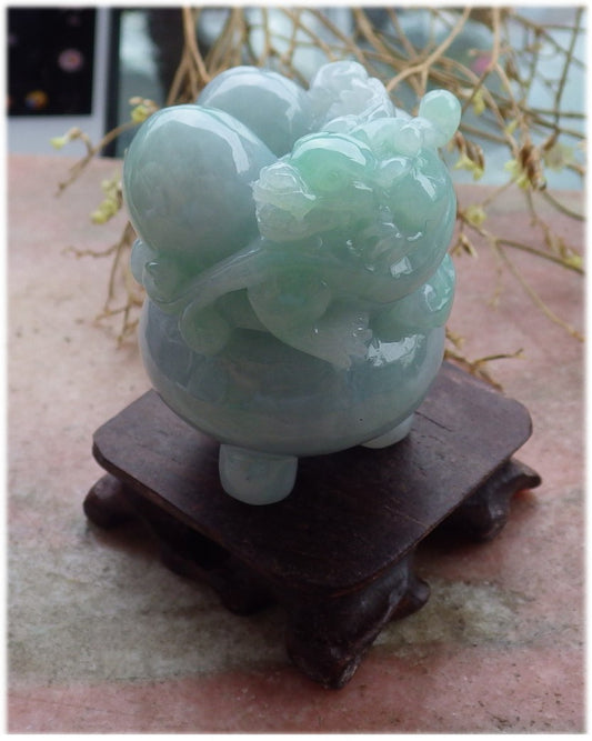 Certified Hand Carved Lavender Green Natural Myanmar Burma Grade A Jade Jadeite Dragon Pi Xiu Coin Treasure Bowl Display With Wood Stand