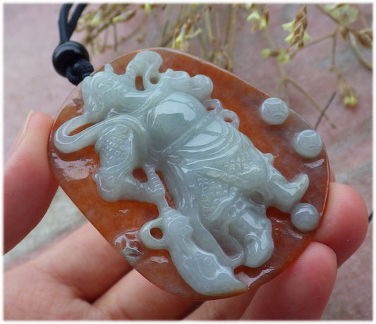 Certified Hand Carved Green Red 100% Natural Myanmar Burma A Jade jadeite Fight God Guan Gong God Guangyu Broadword Pendant Necklace