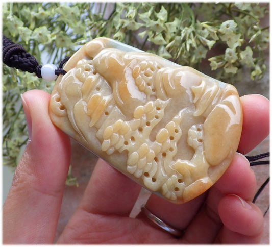Certified Hand Carved Yellow Natural Myanmar Burma A Jade jadeite Landscape painting Tree Pendant Necklace