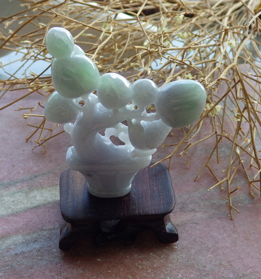 Certified Hand Carved Green Natural 100% Myanmar Burma A Jade jadeite Peach Tree Leaf Bird Vase Display with Wood Stand