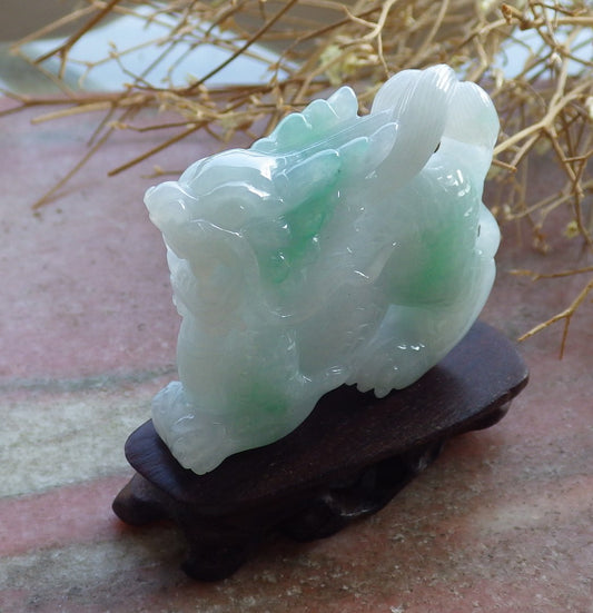 Certified Hand Carved Natural Green Myanmar Burma A Jade jadeite Dragon Display with Wood Stand