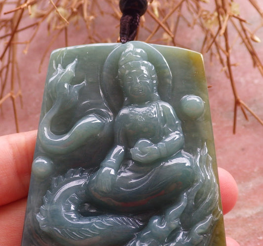 Certified Hand Carved Green Yellow Myanmar Burma Natural A Jade jadeite Dragon Bead Guanyin Kwan Yin Pendant Necklace