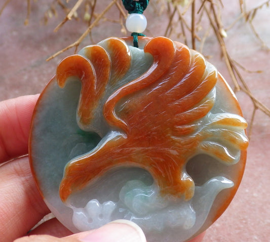 Certified Hand Carved Red Green Natural Burma A Jade jadeite Phoenix Eagle Pendant Necklace