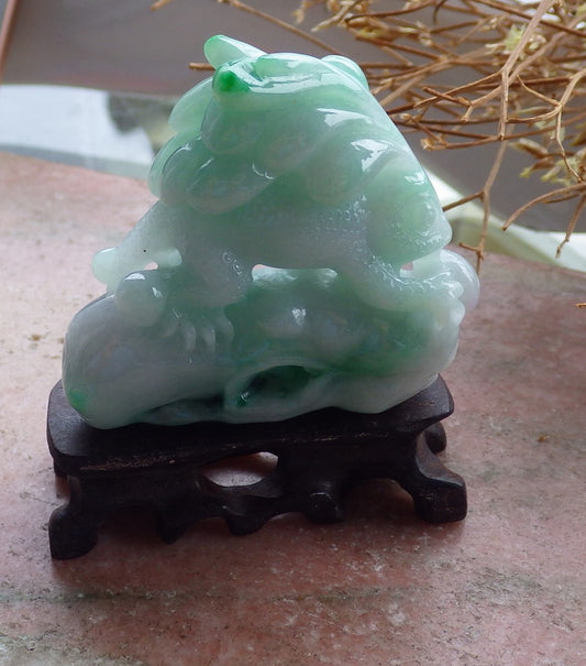 Certified Green Lavender Natural Myanmar Burma Hand Carved A Jade jadeite Dragon Lizard Display with Wood Stand