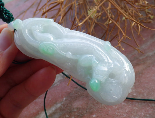 Certified Hand Carved Green Natural A Jade Jadeite Dragon Pi Xiu Ruyi Pendant Necklace