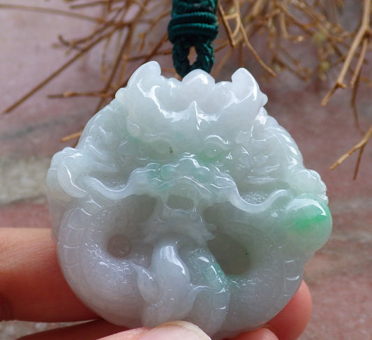 Certified Hand Carved Green Natural Myanmar Burma A Jade jadeite Circle Dragon Bead Beads Pendant Necklace