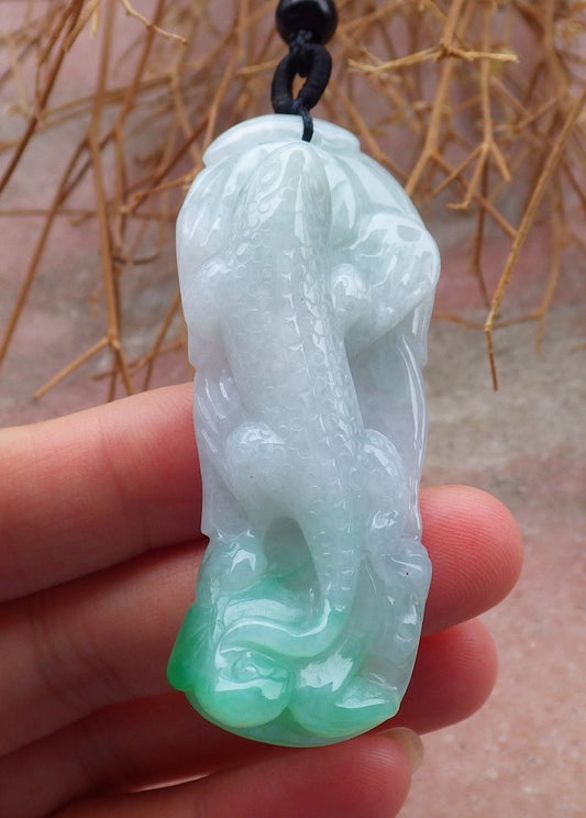 Certified Hand Carved Green Myanmar Burma Natural A Jade jadeite Dragon Lizard Pendant Necklace