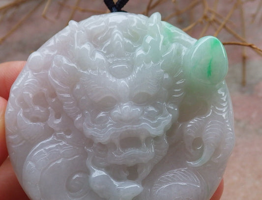 Certified Hand Carved Green Natural Myanmar Burma A Jade Circle Dragon Bead Beads Pendant Necklace
