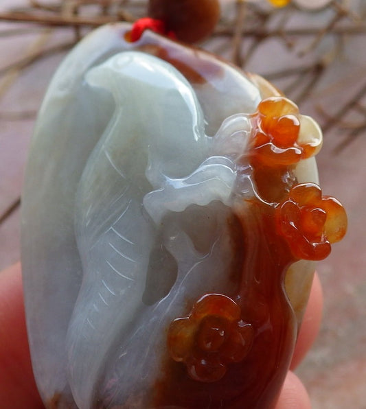 Certified Hand Carved Red Green Natural Myanmar Burma Grade A Jade jadeite Phoenix Bird Flower Pendant Necklace