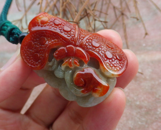Certified Hand Carved Red Green Natural Myanmar Burma A Jade jadeite Butterfly Lotus Flower Pendant Necklace
