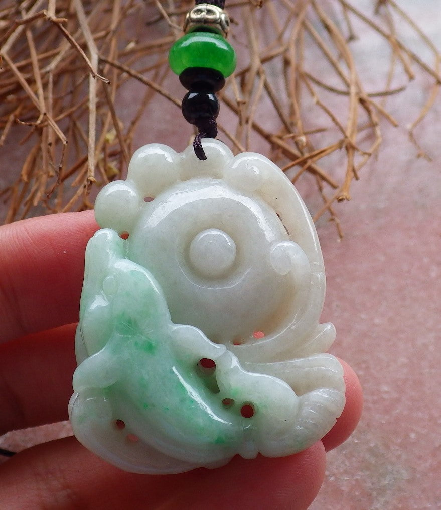 Newest Certified Hand Carved Green Natural Myanmar Burma A Jade Jadeite Dolphin Fish Ruyi Pendant Necklace