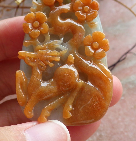 Certified Hand Carved Red Green Natural Myanmar Burma A Jade Jadeite Deer Flower Pendant Necklace