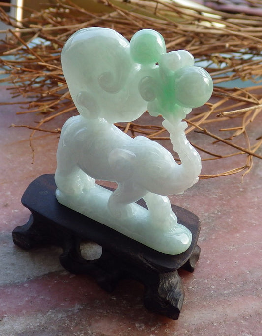 Certified Hand Carved Natural Green Myanmar Burma A Jade jadeite Elephant Display with Wood Stand