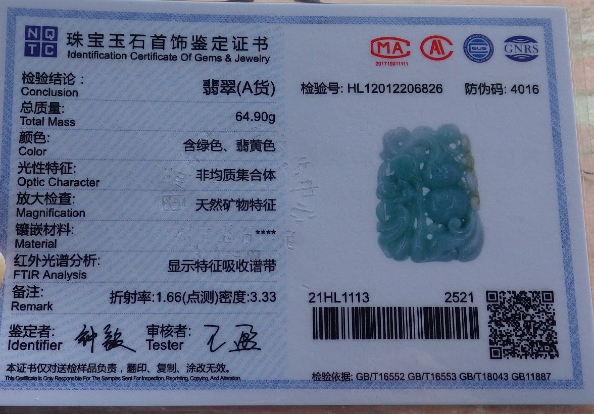 Certified Hand Carved Green Yellow Natural Myanmar Burma A Jade jadeite Bat Gourd Peach Pendant Necklace