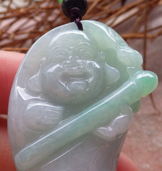 Certified Hand Carved Green Natural Myanmar Burma A Jade jadeite Happy Buddha God Bat Pendant Necklace
