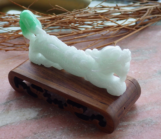 Certified Green 100% Hand Carved Natural Myanmar Burma A Jade Jadeite Display Dragon Ruyi with wood stand