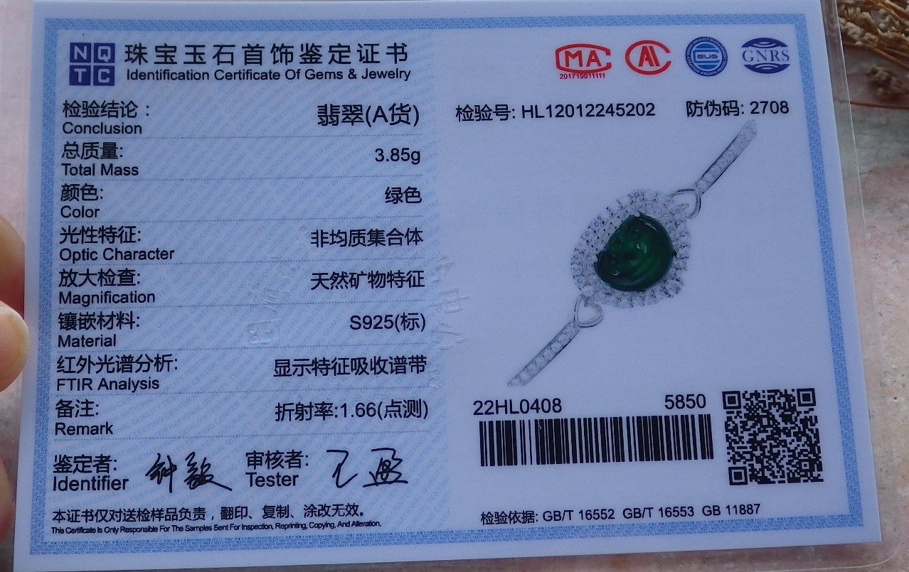 Certified Sterling Silver 925 100% Green Natural Hand Carved Myanmar Burma A Jade Jadeite Bead Beads Lotus Bracelet