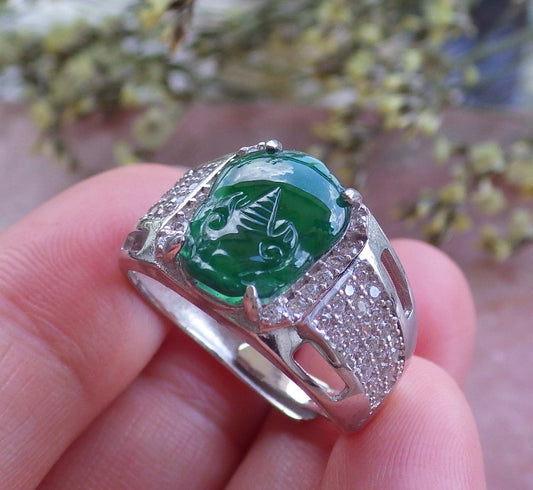Certified Natural Icy Green Silver 925 A Myanmar Burma A JADE Jadeite Cabochon US 9 Tiger Ring ( Adjustable Size Ring )