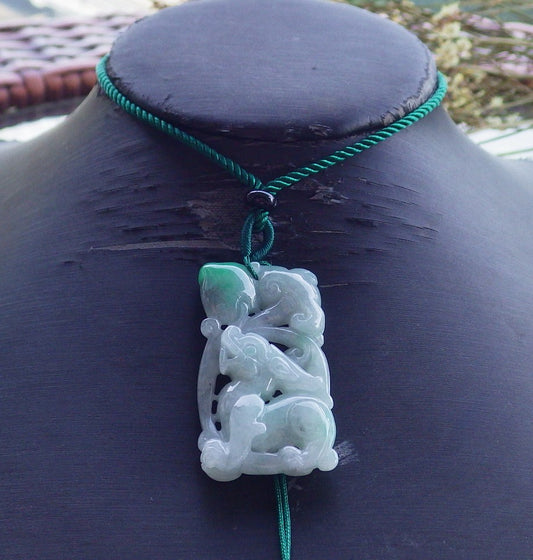 Certified Hand Carved Natural Myanmar Burma A Jade jadeite Dragon Peach Lucky Amulet Pendant Necklace