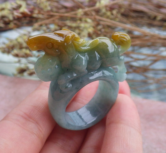 Certified Hand Carved Green Yellow Natural Myanmar Burma A JADE Jadeite Lucky Amulet Horse Ring US 11
