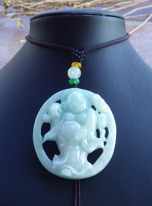Certified Hand Carved Green Natural Myanmar Burma A Jade Jadeite Happy Buddha God Pendant Necklace