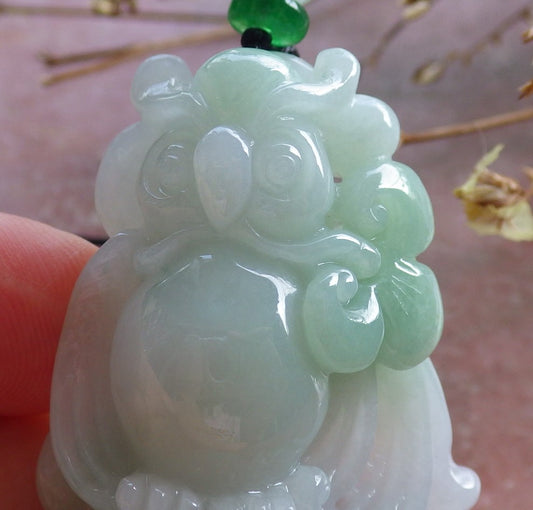 Certified Hand Carved Green Natural Myanmar Burma A Jade jadeite Owl Peach Lotus Flower Pendant Necklace