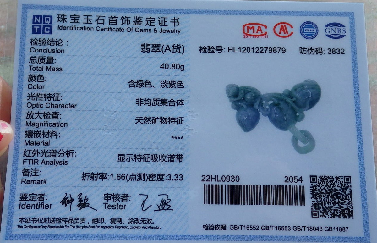 Certified Hand Carved Lavender Green Natural Myanmar Burma A Jade jadeite Monkey Peach Pendant Necklace
