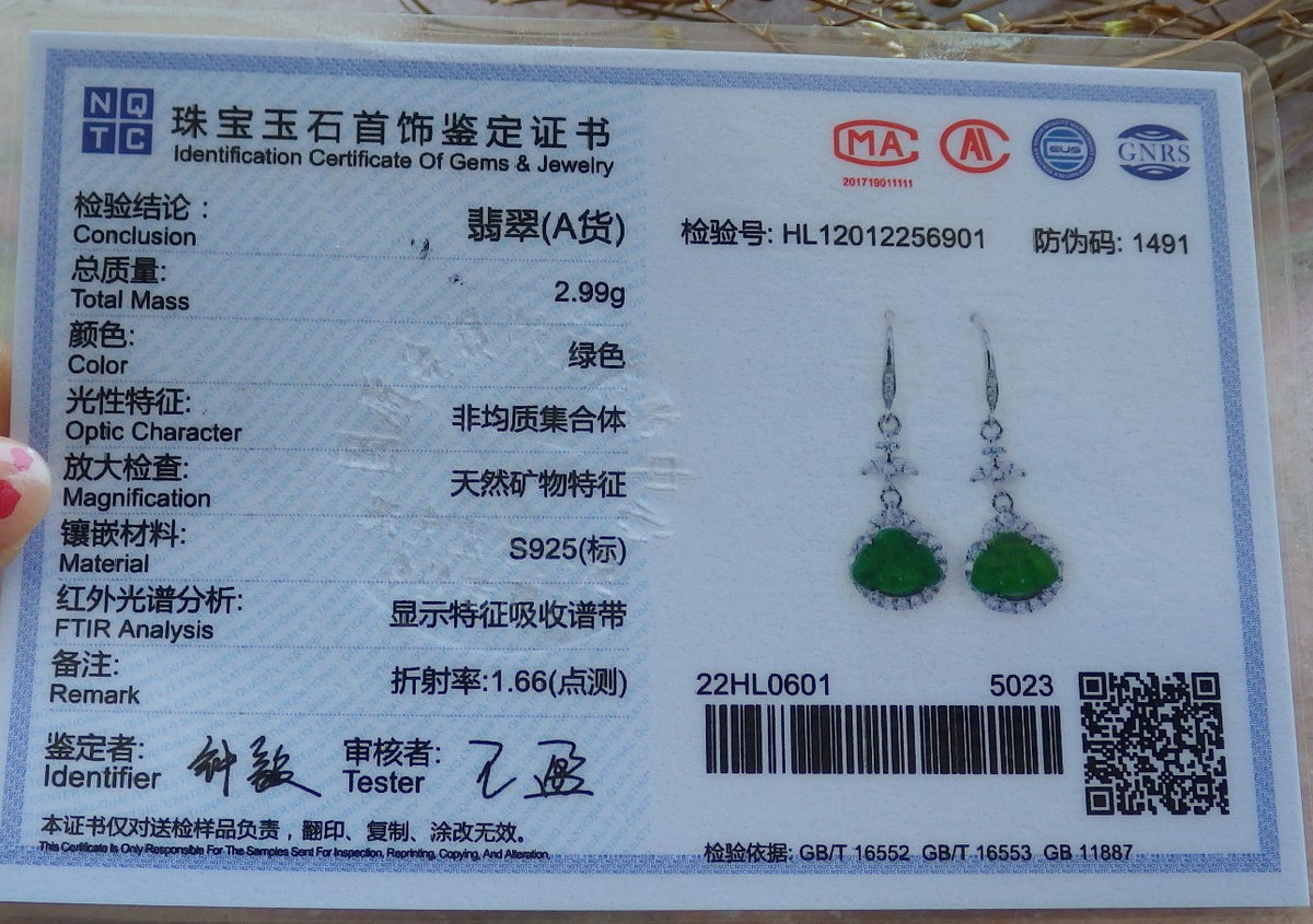 Certified Sterling Silver 925 Icy Green Natural Hand Carved Grade A Jade Jadeite Buddha Dangle Earring Earrings
