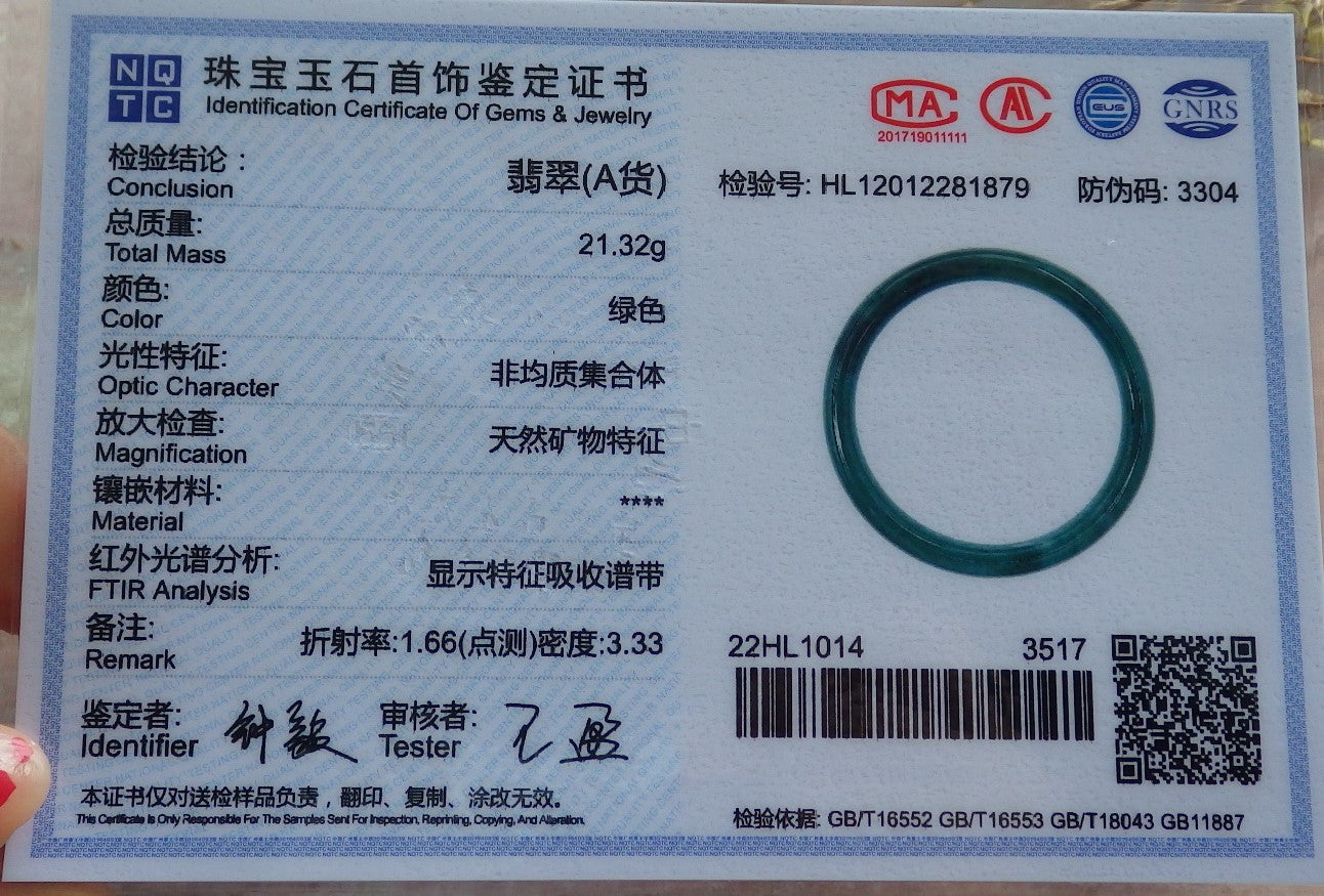 Certified Hand Carved Green Natural Myanmar Burma A JADE Circle Jadeite Bangle Bracelet 52mm