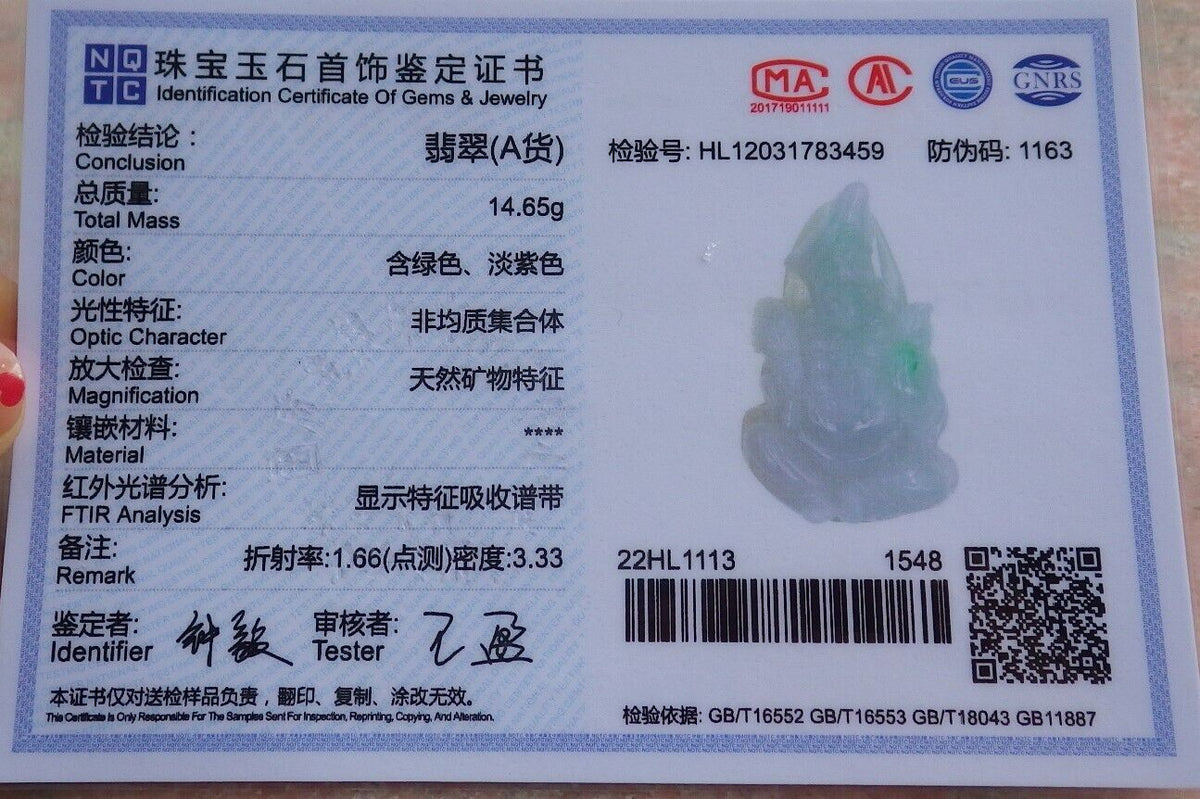 Certified Hand Carved Green Natural Myanmar Burma Grade A Jade jadeite Ji Kung Buddha God Pendant Necklace