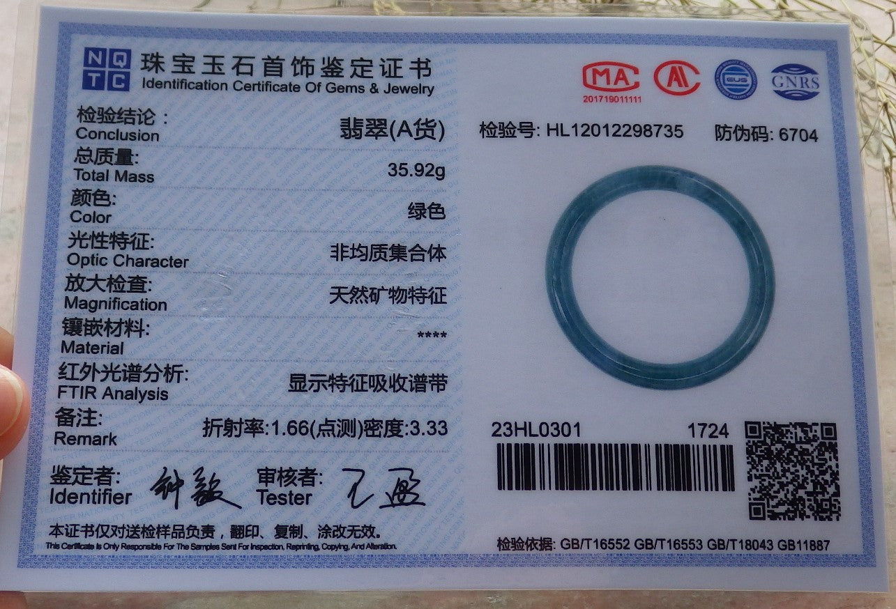 Certified Hand Carved Icy Blue Water Green Natural Myanmar Burma A JADE Circle Jadeite Bangle Bracelet 55mm