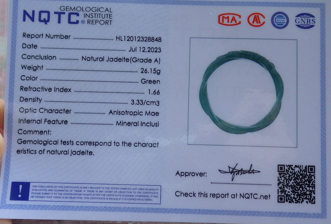 Certified Hand Carved Green Natural Myanmar Burma Grade A JADE Jadeite Flower Bangle Bracelet 56mm