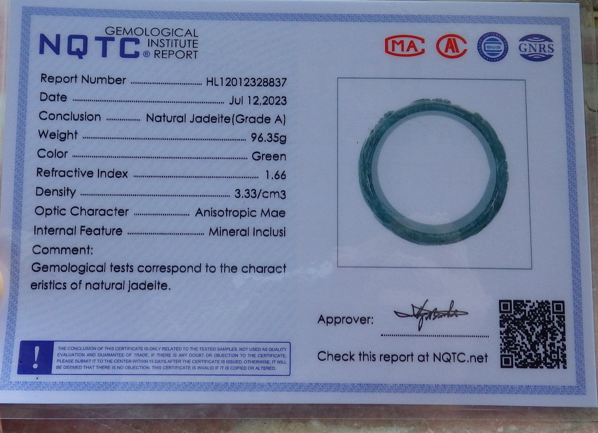 65mm Certified Hand Carved Icy Blue Water Green Natural A JADE Jadeite Fox Flower Circle Bangle Bracelet