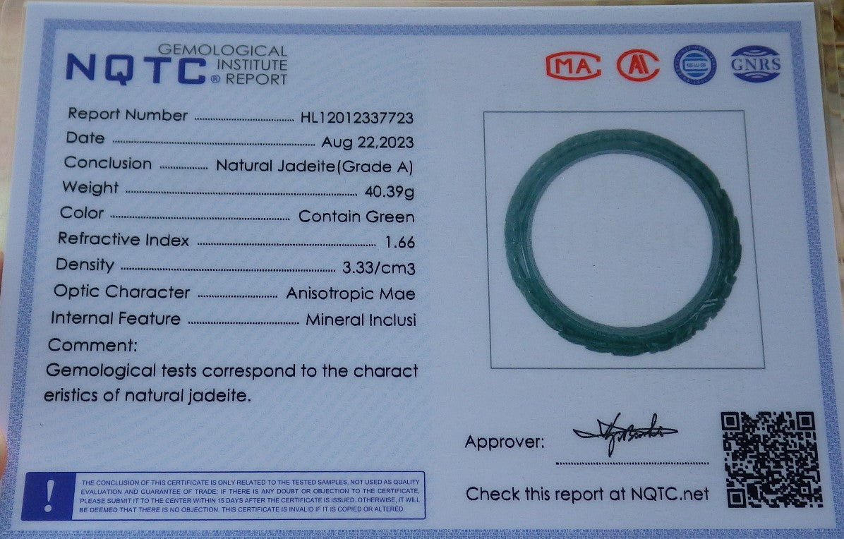 57mm Certified Hand Carved Green Natural Grade A JADE Jadeite Phoenix Flower Bangle Bracelet