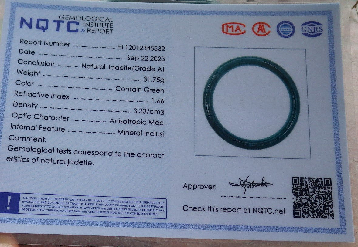 57mm Certified Hand Carved Blue Water Green Natural Grade A JADE Jadeite Circle Bangle Bracelet