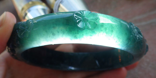 65mm Certified Hand Carved Natural A JADE Jadeite Fox Flower Circle Bangle Bracelet