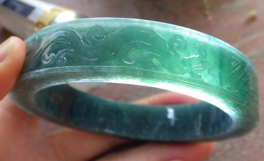 64mm Certified Hand Carved Natural Grade A JADE Jadeite Dragon Phoenix Circle Bangle Bracelet