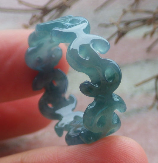 Certified Hand Carved Natural Myanmar Burma Grade A Jade jadeite Money Sign Circle Ring US 9