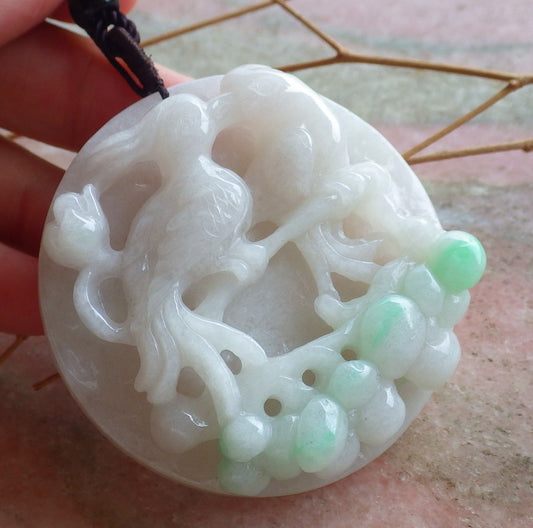 Certified Hand Carved Green Natural Myanmar Burma A Jade Jadeite Phoenix Lotus Flower Circle Pendant Necklace
