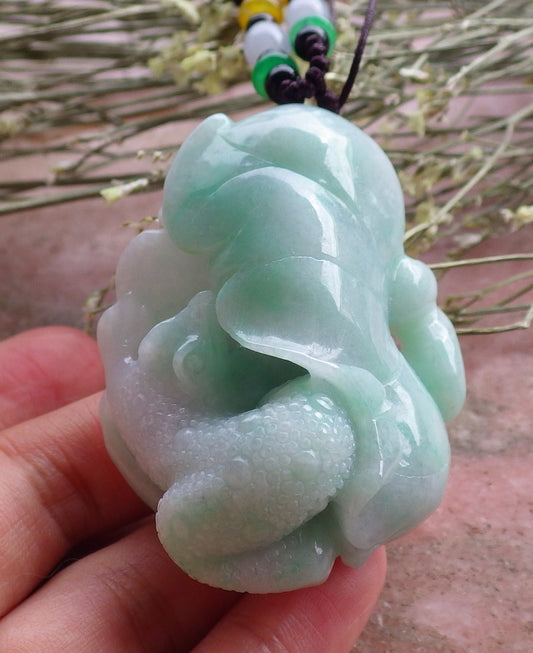 Certified Hand Carved Green Natural Myanmar Burma A Jade Jadeite Frog Toad Lotus Flower Pendant Necklace
